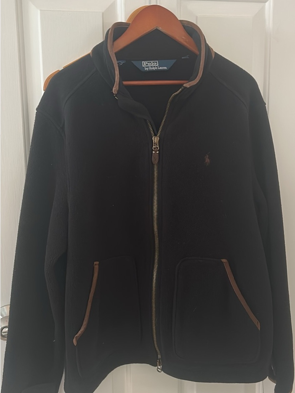 Polo by Ralph Lauren Black Zip-Up Fleece Jacket with Brown Trim
